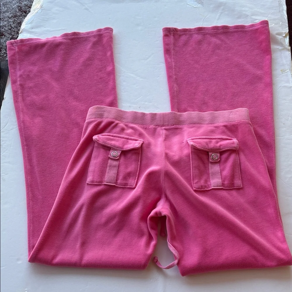 Vintage Juicy Couture Velour Y2k Tracksuit Pant Pink USA Flare Snapback Pocket M